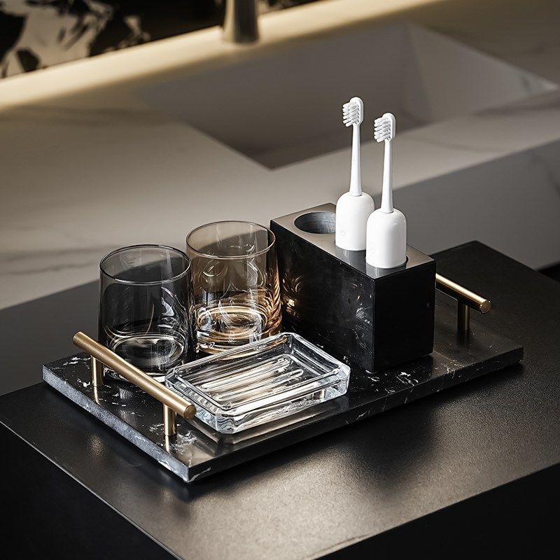 卫生间浴室台面双人洗漱大理石高端牙刷架一家三口漱口杯置物托盘