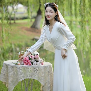 领证小白裙日常裙子登记情侣装轻婚纱订婚礼服平时可穿法式连衣裙