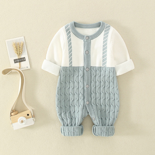 婴儿衣服连体毛衣针织衫洋气秋冬装03-9个月男女宝宝套装加绒爬服