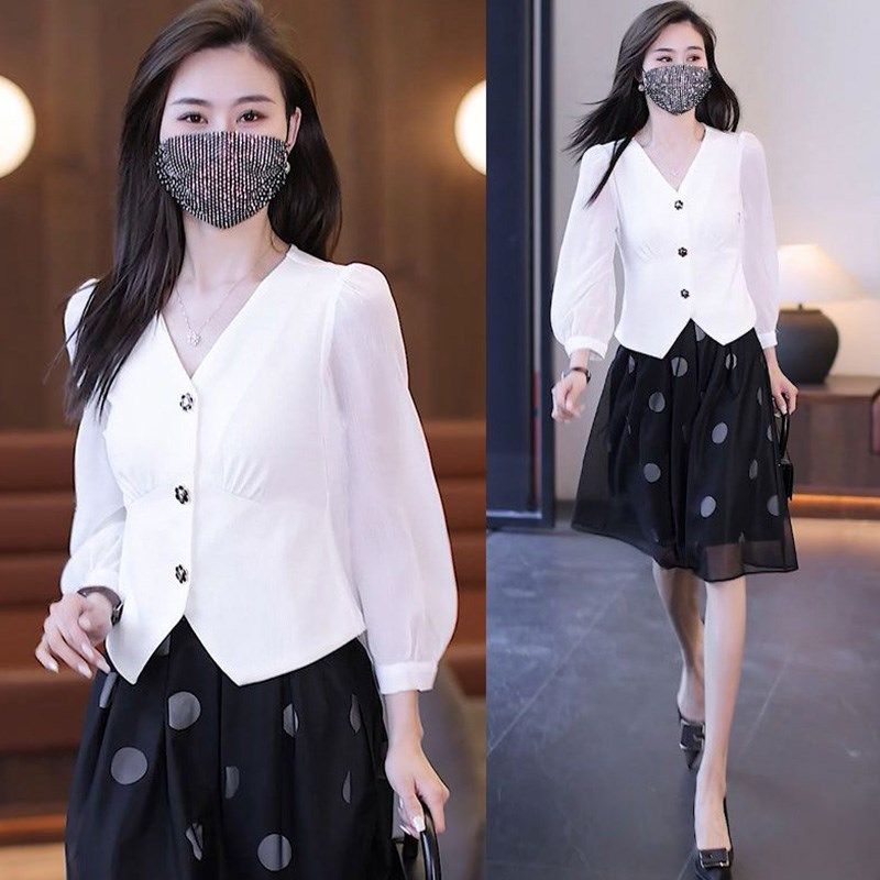 2024春季新款时尚职业裙套装女洋气雪纺拼接上衣波点半身裙两件套,女装/女士精品,时尚套装,淘宝优惠券,粉丝福利购,淘宝优惠卷