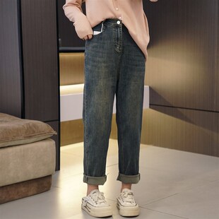 大码女装高弹力百搭哈伦牛仔裤胖mm高腰显瘦休闲半口袋直筒九分裤
