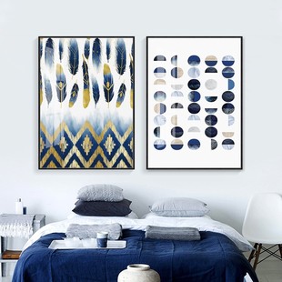 北欧简约艺术装饰画蓝色抽象金箔挂画客厅餐厅样板间油画个性壁画