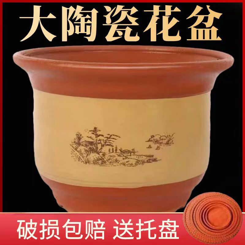 紫砂特大号陶瓷花盆红陶土家用客厅落地盆景兰花盆粗砂透气带托盘