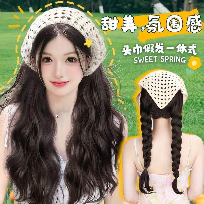 假发全头套女夏水波纹长卷发帽子头巾一体自然甜美发箍半头套浏海