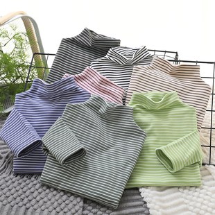 秋装儿童德绒半高领长袖打底衫男童条纹T恤女童上衣童装冬装百搭