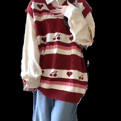 两件式套装/秋季学院风红色条纹针织马甲背心毛衣女款叠穿衬衫上