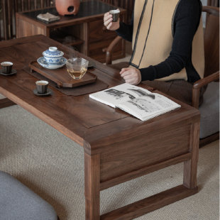 新中式席地茶桌黑胡桃实木禅意榻榻米阳台茶室茶桌椅家具组合