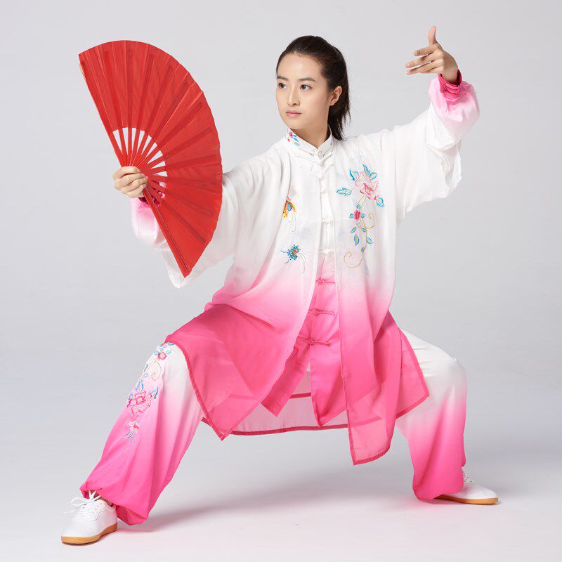 渐变玫红色太极服 刺绣牡丹花男女比赛练功服披纱三件套演出服装