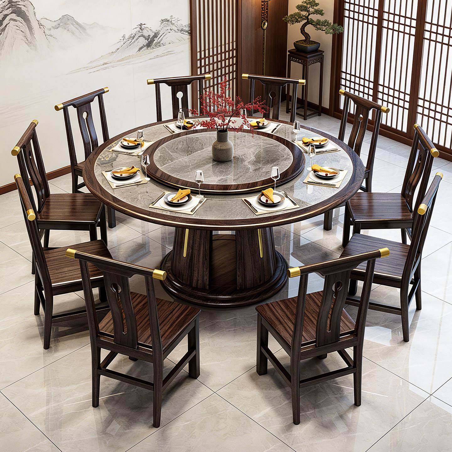 实木岩板餐桌椅组合现代简约2026新款2m圆形大圆桌家用吃饭桌子