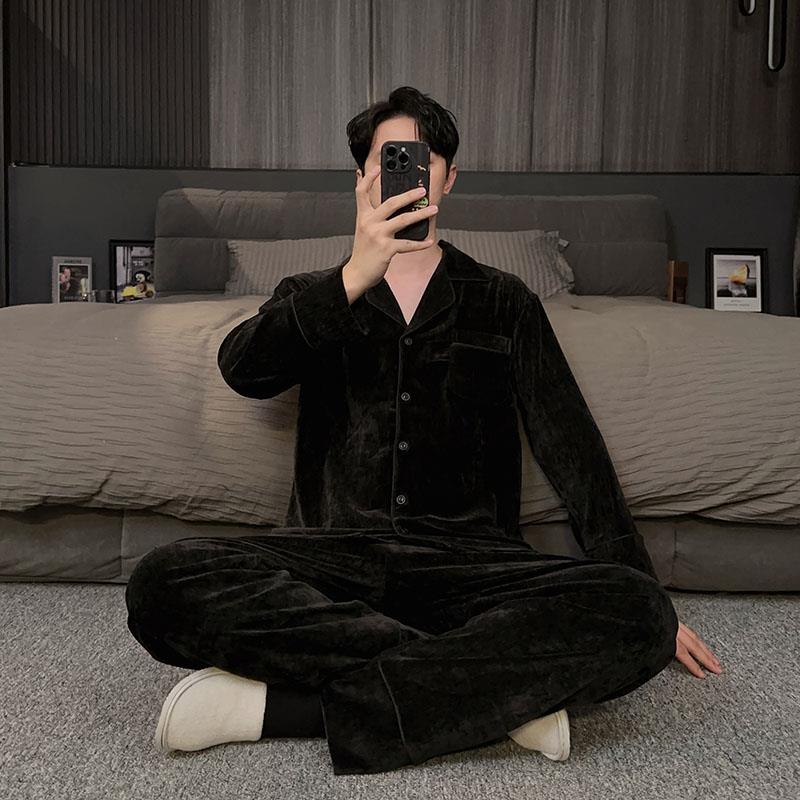 高端黑色瑞雪绒睡衣男秋冬款2025新款珊瑚绒家居服冬季天保暖套装
