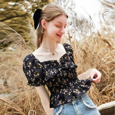 zklin露锁骨打揽衬衫女2025春秋新款法式设计感碎花小衫雪纺上衣