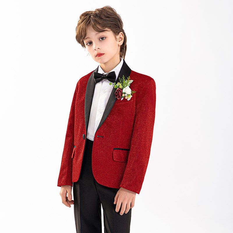 儿童红色亮片西装套装男童晚会舞台走秀主持人礼服花童钢琴演出服