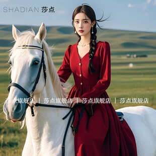 红色V领长袖连衣裙女今年秋季新款订婚礼服出游度假长裙日常可穿