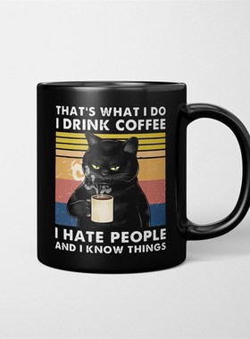 黑色猫咪大容量马克杯咖啡水杯子带盖勺子陶瓷高级恶搞礼物男女生