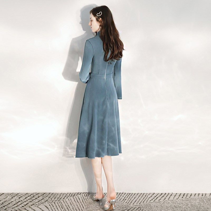 晚礼服女宴会气质轻奢小众高端高级感简约长袖主持人蓝色连衣裙