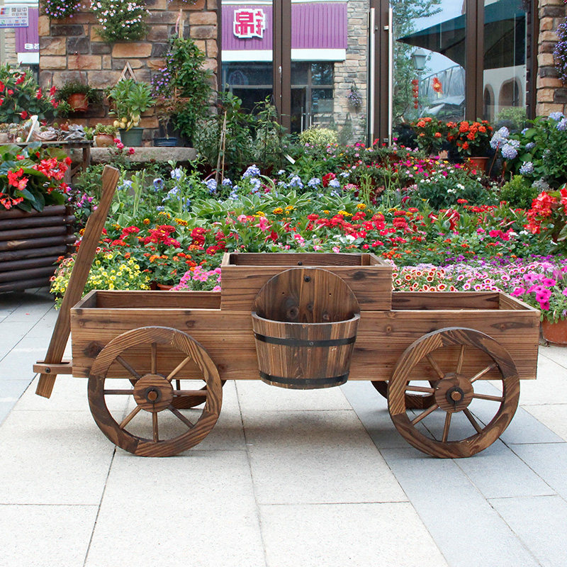 碳化防腐花盆架庭院四轮大花车花园装饰木制户外室内阳台花槽花盆,鲜花速递/花卉仿真/绿植园艺,花篮,淘宝优惠券,粉丝福利购,淘宝优惠卷