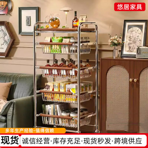 中古风零食置物架家用简约多层小推车厨房果蔬整理可移动收纳架子