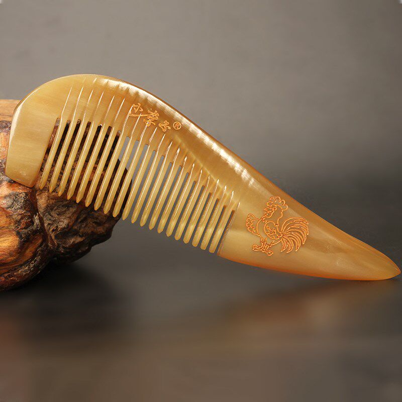 牛角梳子天然长直发卷发梳子女家用十二生肖雕刻花牛角梳女送礼