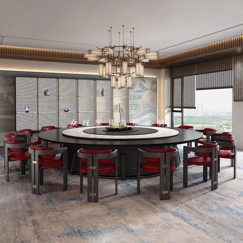 新中式酒店电动餐桌大圆桌15人岩板转盘民宿会所包厢实木餐桌定制