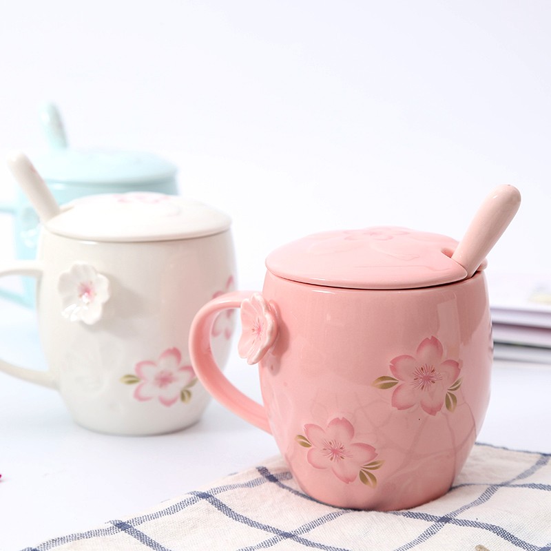 创意樱花公主马克杯带盖勺可爱杯子陶瓷杯简约咖啡杯办公室水杯女