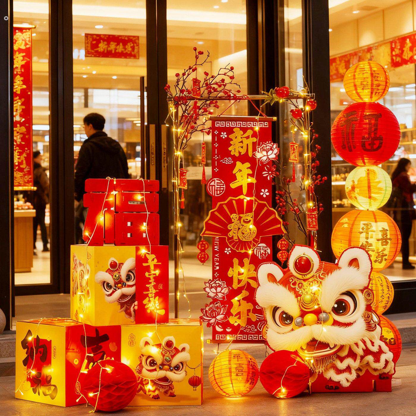 2026元旦春节装饰品摆件新年活动氛围布置店铺橱窗灯笼礼盒货架