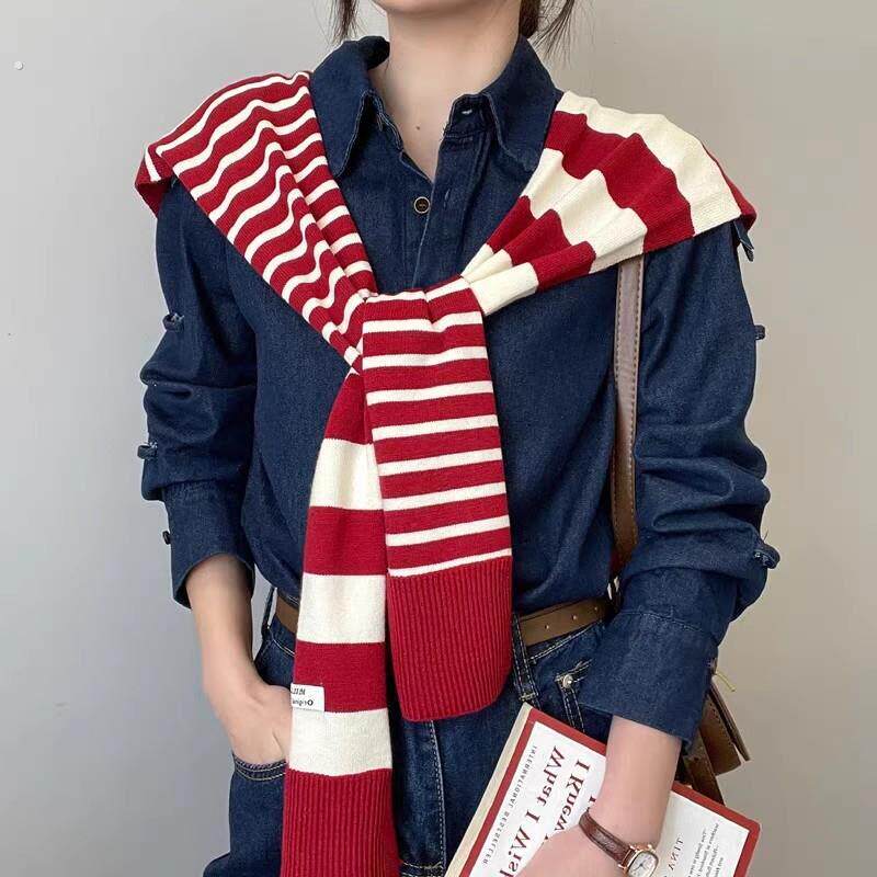 女士红色针织条纹披肩韩版洋气外搭小坎肩春夏外穿装饰护肩假领子