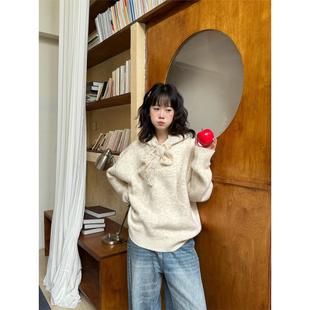 新款 毛衣女秋季 小众设计感上衣 蕾丝拼接系带蝴蝶结连帽针织衫 FAN