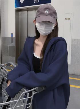 连帽卫衣外套女开衫2025新款爆款秋冬加绒加厚藏蓝色早秋宽松上衣