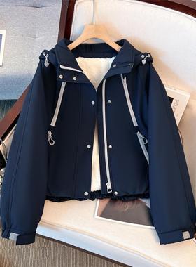 韩系藏青蓝色连帽加绒加厚冲锋外套女2025初冬新款上衣棒球服夹克