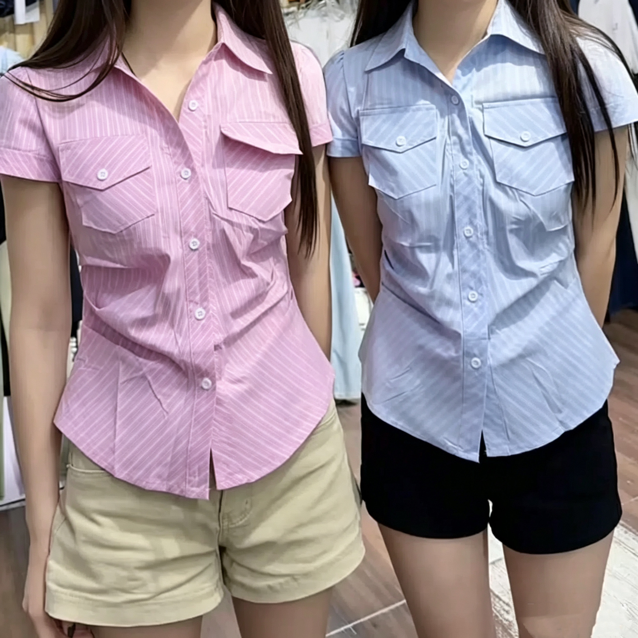 粉色条纹衬衫女掐腰修身显瘦正肩