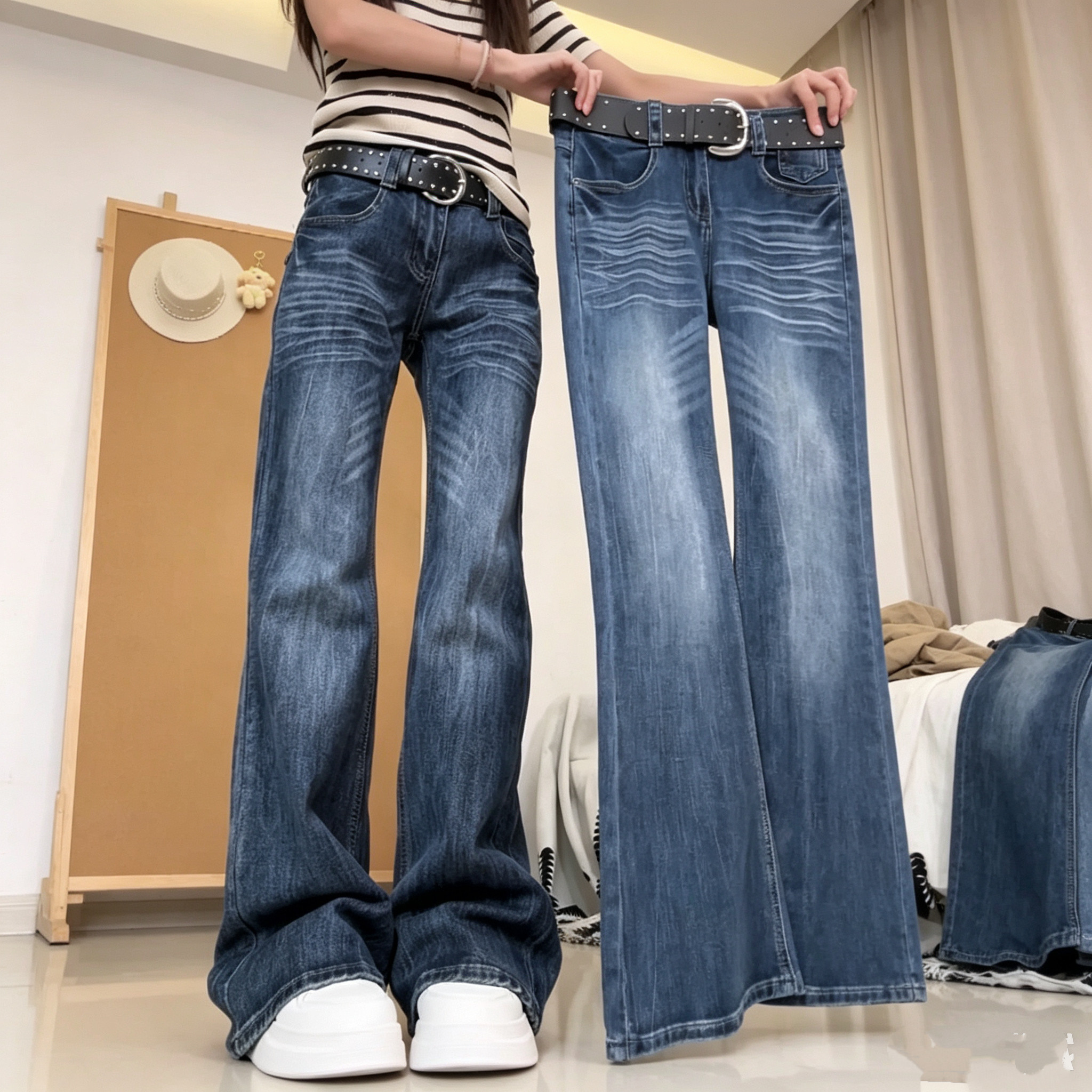 深蓝微喇牛仔裤女秋季显瘦磨白