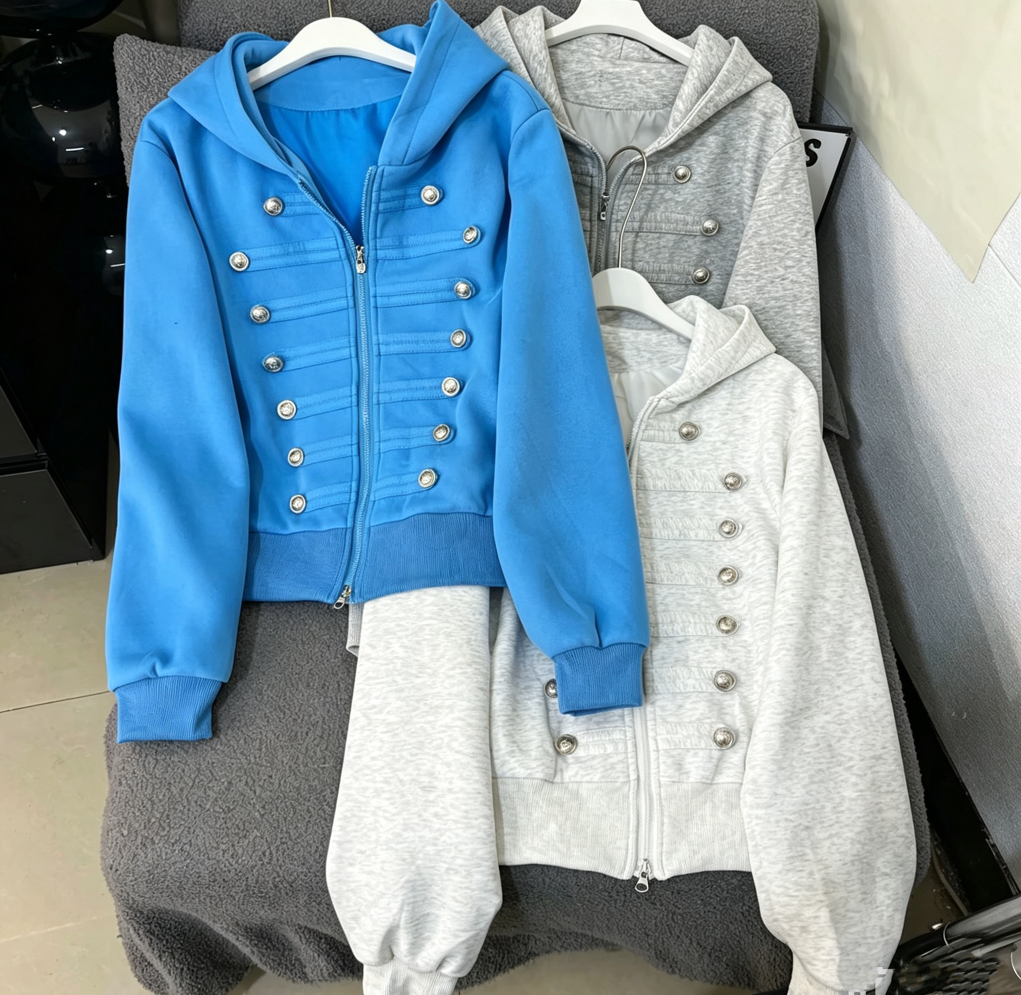 法式复古双排扣拿破仑连帽卫衣外套女秋季新款拉链开衫外套学生潮