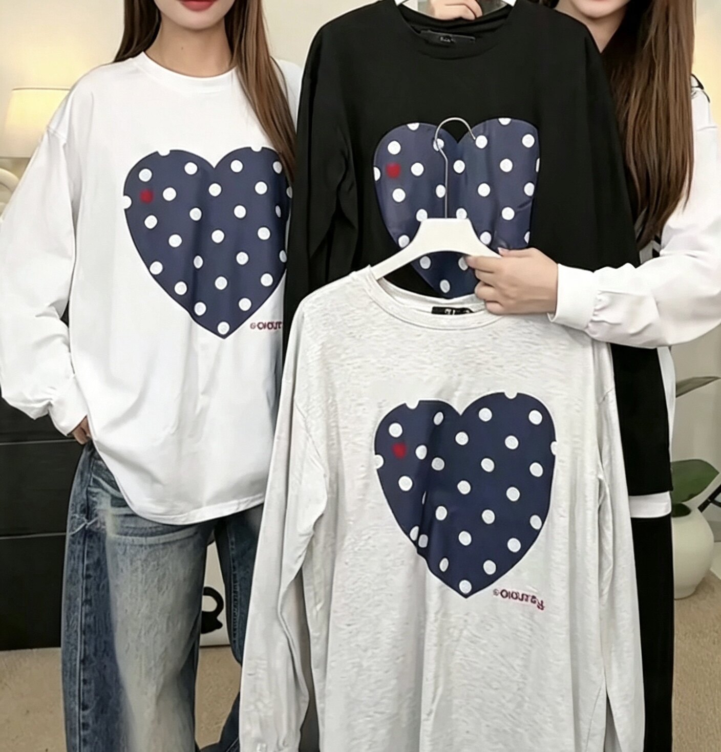 早秋韩系波点爱心长袖T恤女圆领