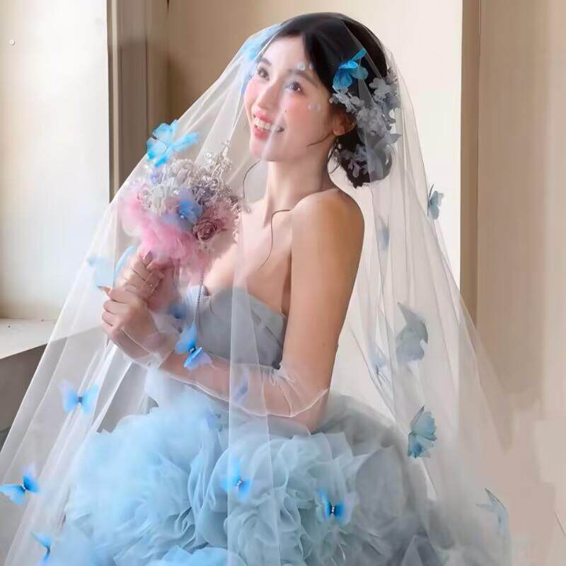 新彩色立体蝴蝶面纱紫色超级仙女新娘主婚纱氛围摄影工作室照片道