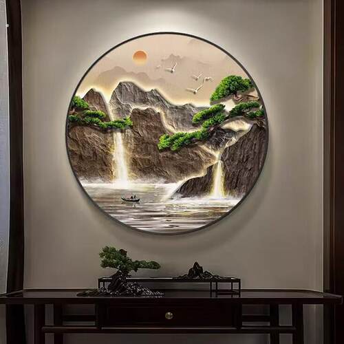 玄关装饰画新中式灯画高级感圆形入户正对门挂画走廊过道山水壁画