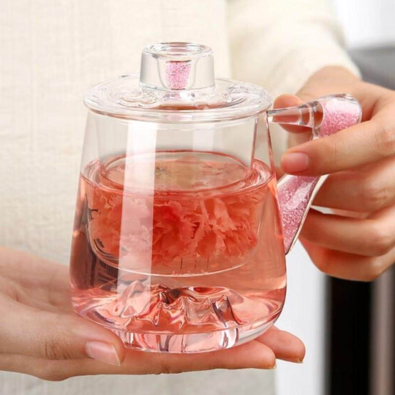 粉钻耐热玻璃花茶杯泡茶杯马克茶杯带盖子办公室女士粉色茶水分离