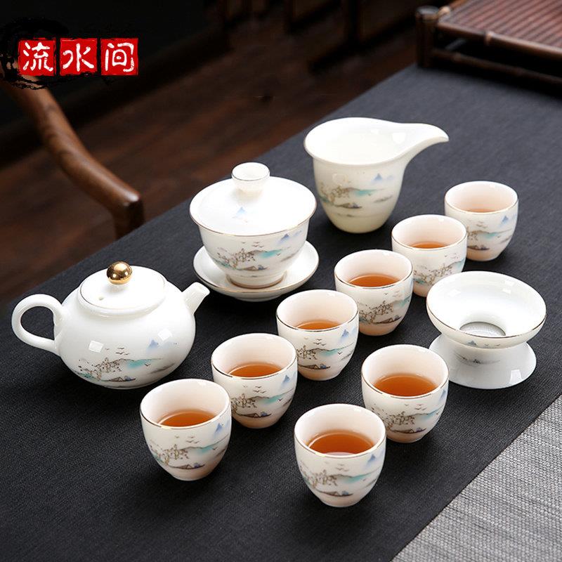 珐瑯彩功夫茶具套组高档家用简约羊脂玉白瓷喝茶茶杯盖碗茶壶送礼