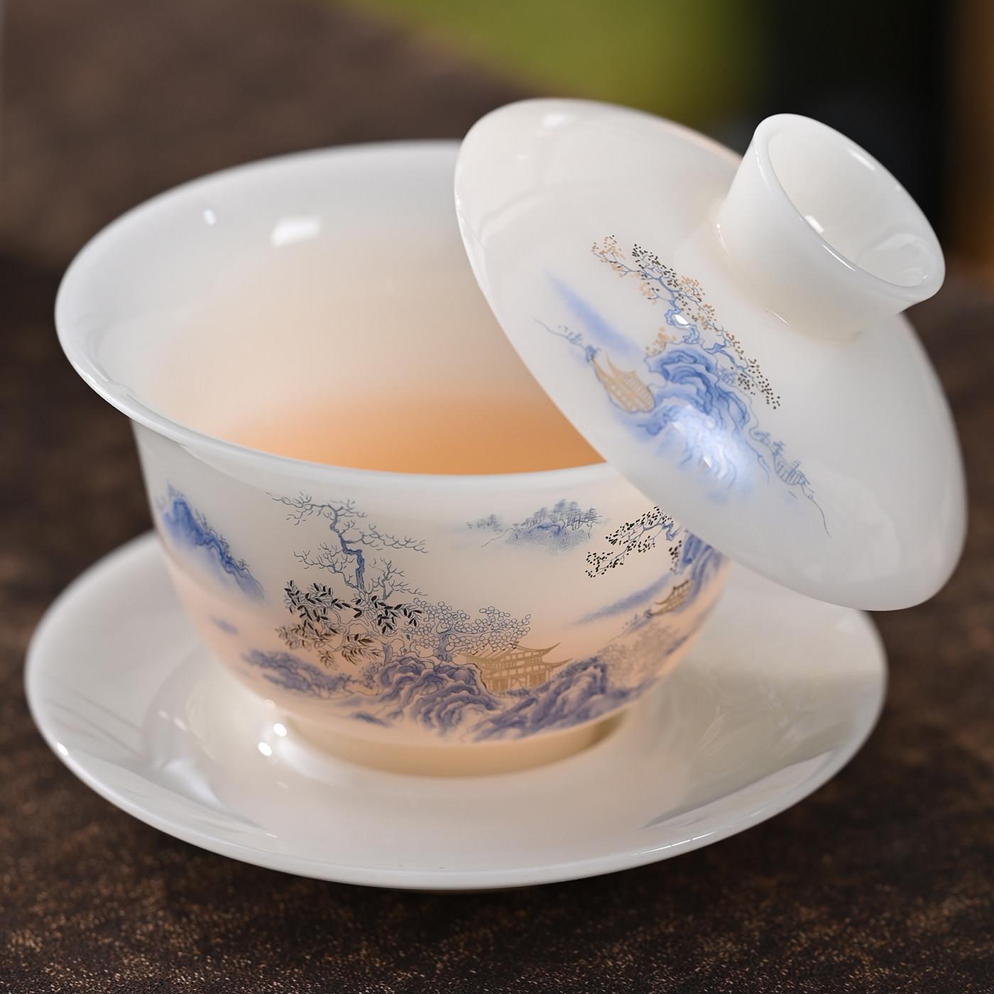 高档冰种玉瓷白色陶瓷盖碗茶具璞玉家用功夫茶具泡茶器茶碗茶杯