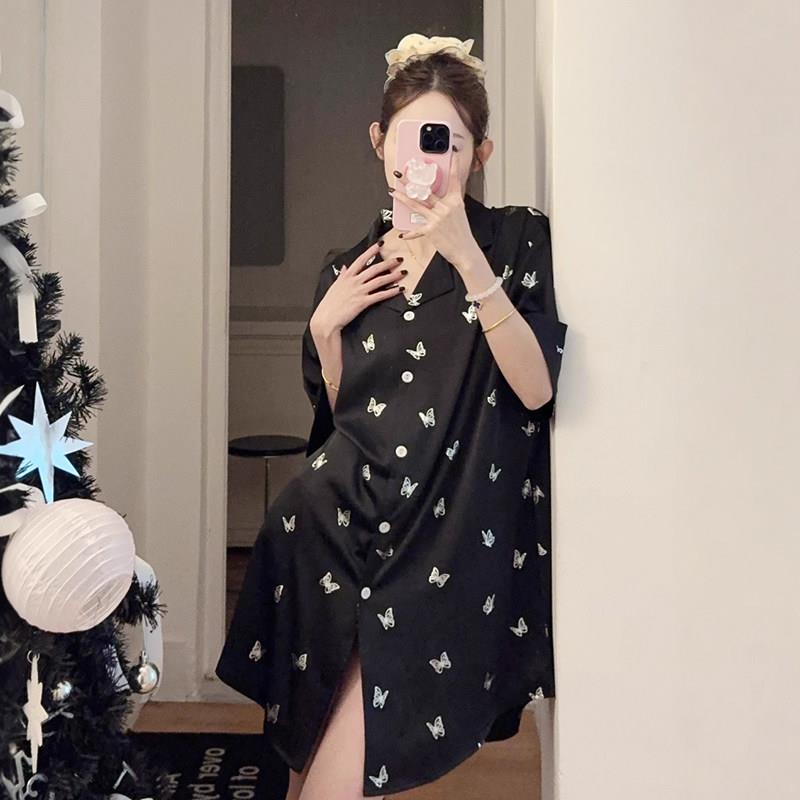 睡裙女夏季冰雪丝短袖宽松小翻领凉感冰丝甜美蝴蝶中裙丝滑感睡衣