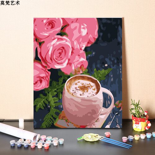 数字油画diy填充鲜花咖啡解闷减压手工填色餐厅装饰挂画油彩画画