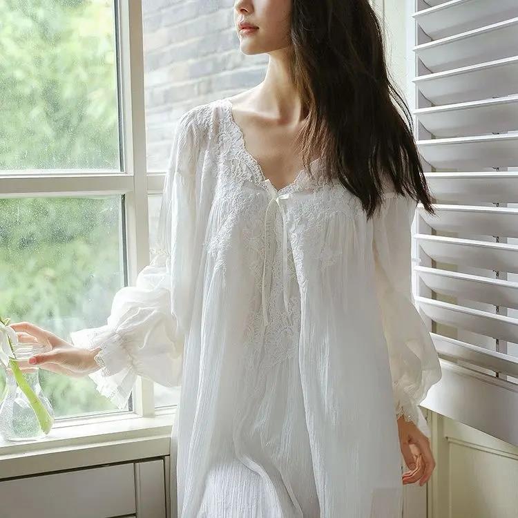 法式蕾丝边长袖睡裙女春秋季白色宫廷公主风带胸垫可外穿仙女睡衣