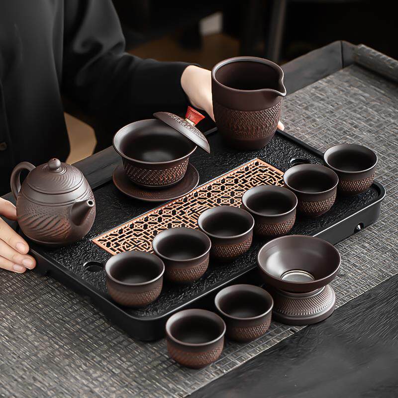 紫陶跳刀茶具套装中式家用客厅复古泡茶壶紫砂功夫盖碗茶杯一整套