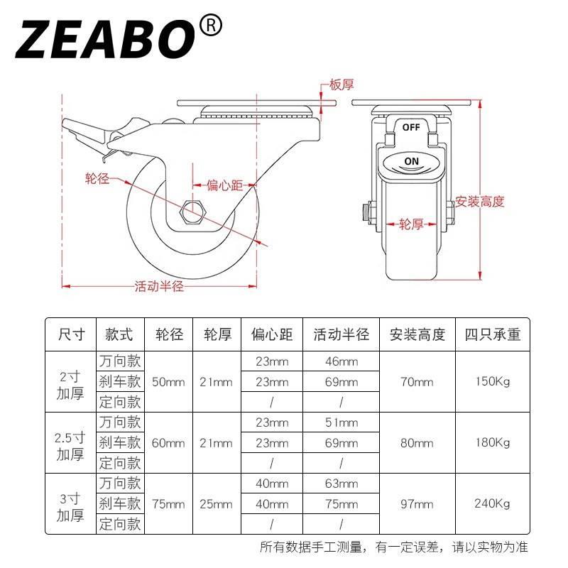 (4祇装)万向轮平板加厚2寸2.5寸3寸家俱脚轮煞车轮橡胶静音轮子