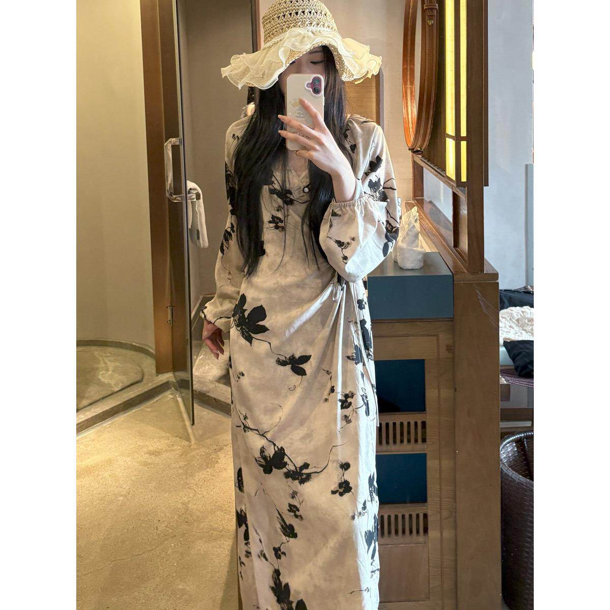 春夏女式睡衣，棉丝裹身，新中式家装，超长及踝裙，睡衣外穿
