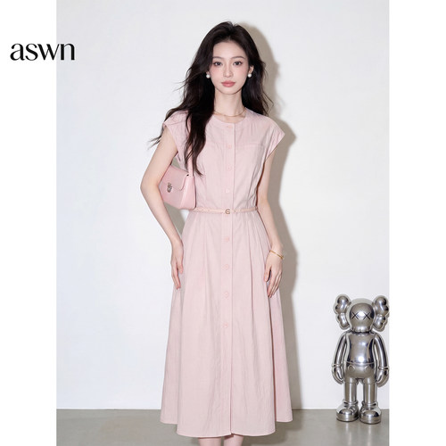 aswn夏款2026法式通勤风小飞袖连衣裙女高级感气质束腰粉色衬衫裙