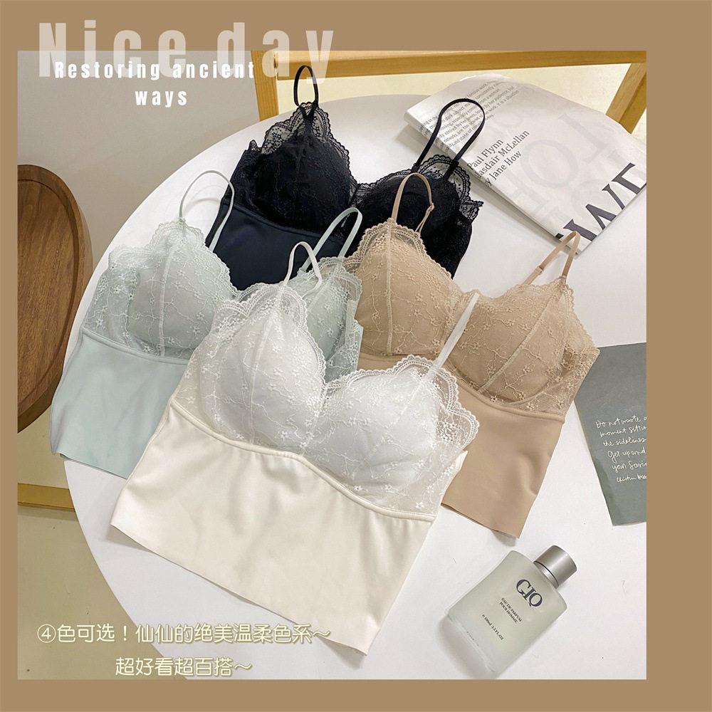 新款冰肌无痕蕾丝U型美背吊带背心固定一体乳胶杯裹胸中长款内衣