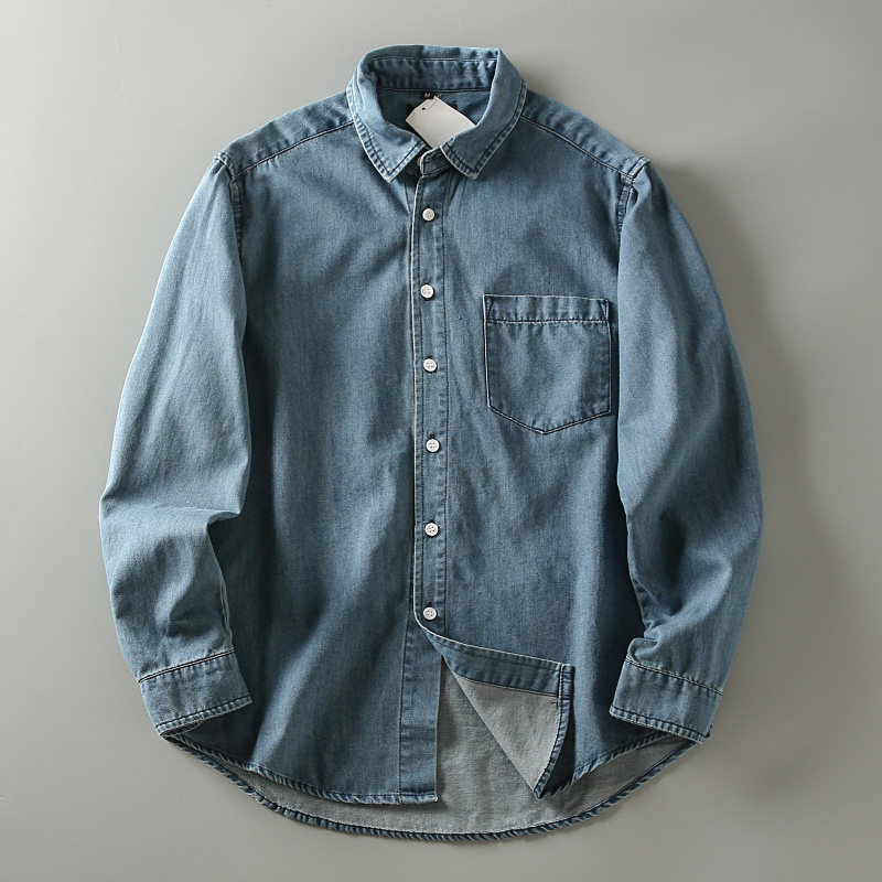 秋季新款 复古腔调 酵素水洗男士全棉简约休闲翻领长袖牛仔衬衫潮