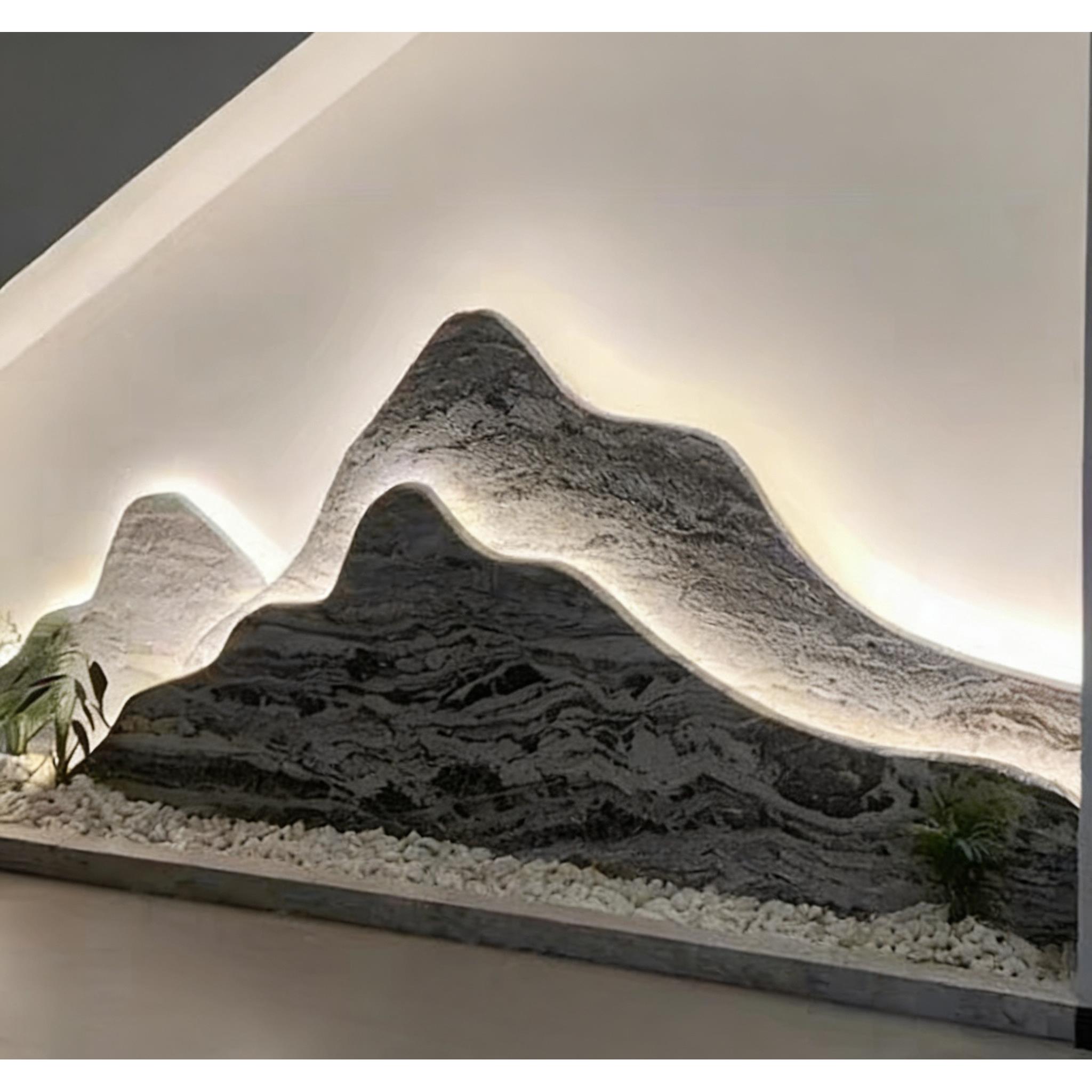 天然雪浪石切片石组合新中式室内造景灯光墙庭院景观泰山石背景墙