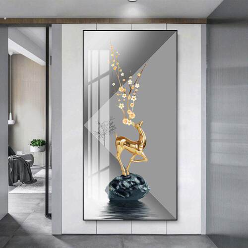 入户鹿轻奢玄关装饰画现代大气简约背景墙画走廊挂画竖版过道壁画