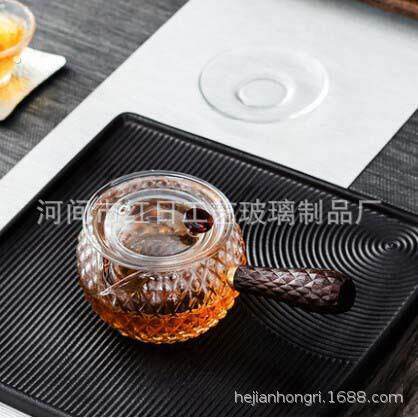日式玻璃煮茶壶侧把锤纹茶壶带过滤透明泡茶器家用木把锤纹耐高温
